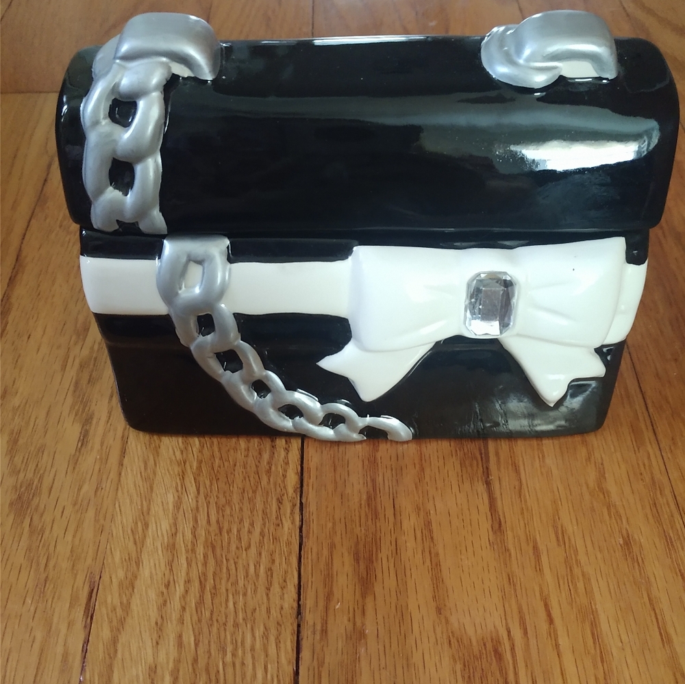 DAVID'S COOKIES PURSE COOKIE JAR RARE JEM COLLECTION CERAMIC HAND PAINTED BLACK